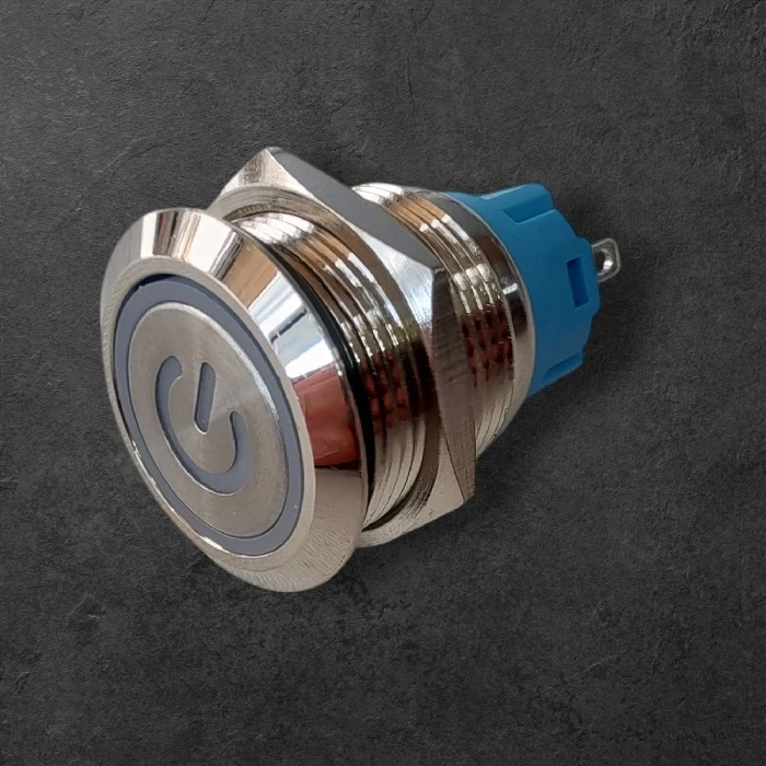 Stikalo okroglo modra 19mm 220V 4A POWER kovinski inox IP66, ignition, power, switch, turnon,stikalo, 19mm, 220V, IP66, nebesno modra, inox, ceneje, ugodno, prihranek, lokalno, Ljubljana, latching, vodotesno, modern dizajn